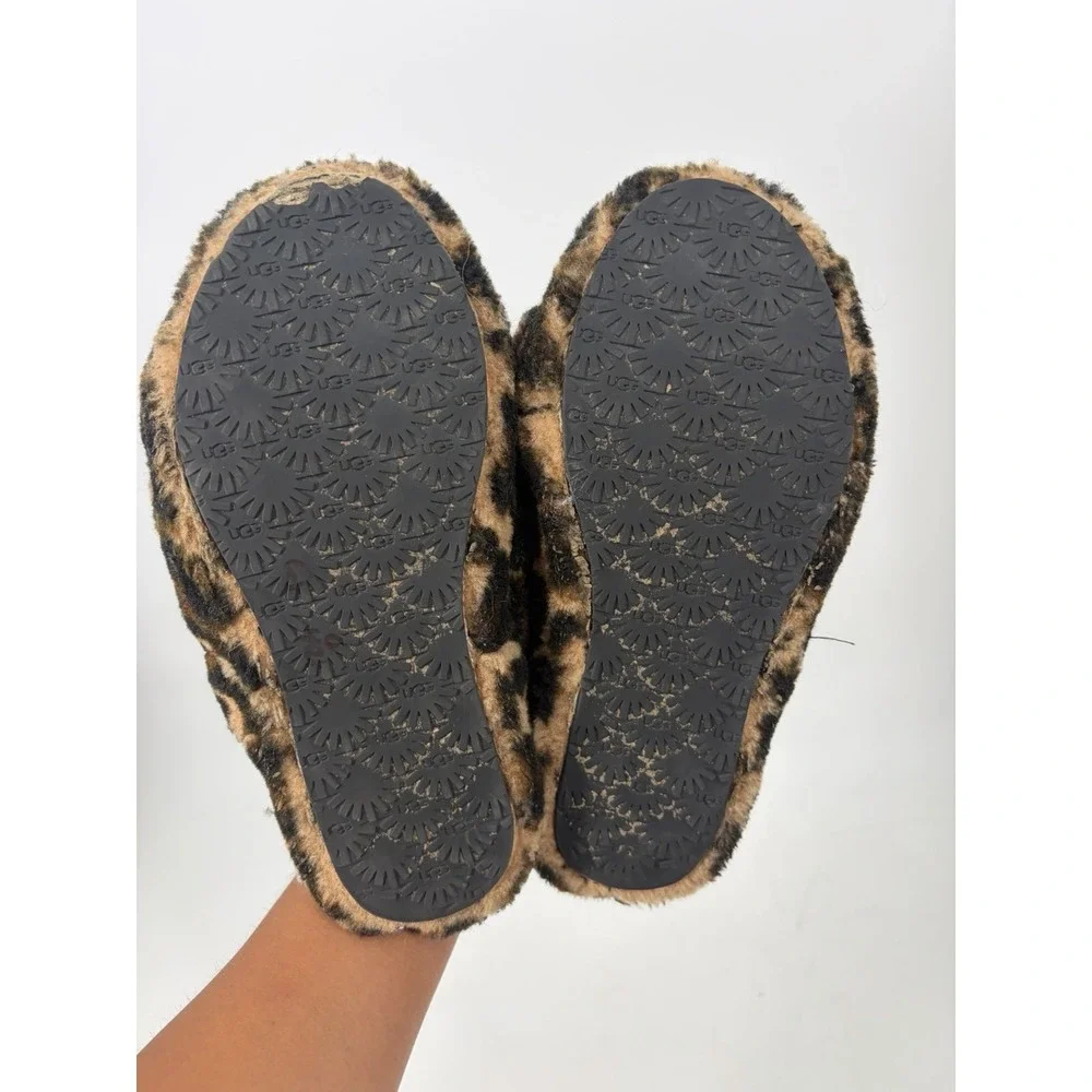 UGG Fluff Yeah Slides Girls Panther Print Slipper Slip On Brown Size 2 Fuzzy